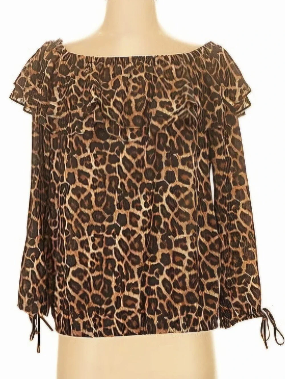 Michael Kors Leopard Print Off-Shoulder Women's Peasant Top - Brown